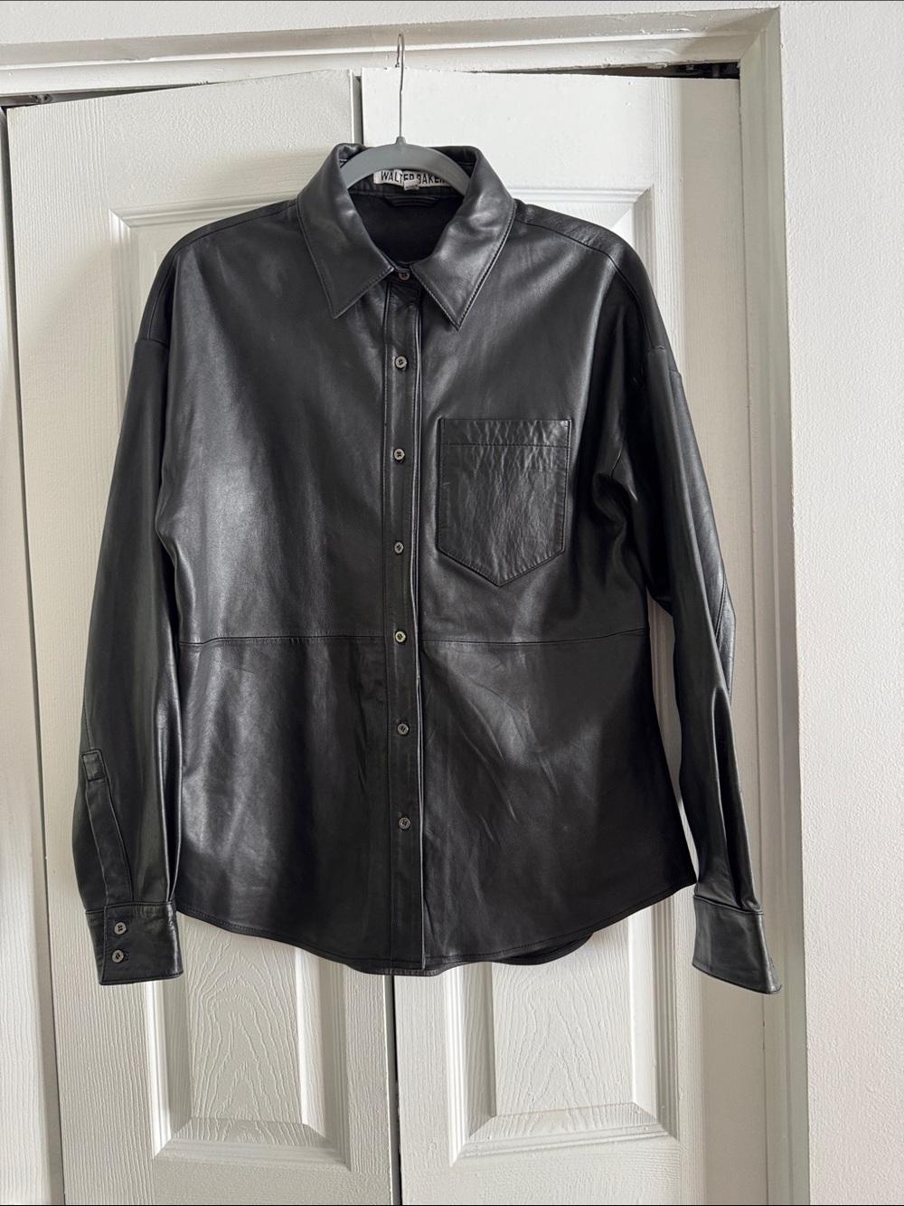 Walter Baker Black Leather Button-Up Shirt sizes